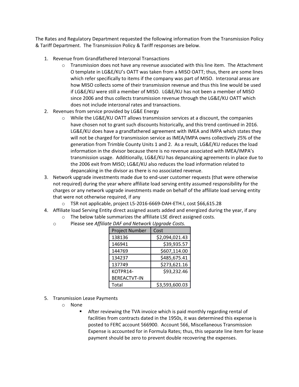 The Rates and Regulatory Department Requested the Following Information from the Transmission