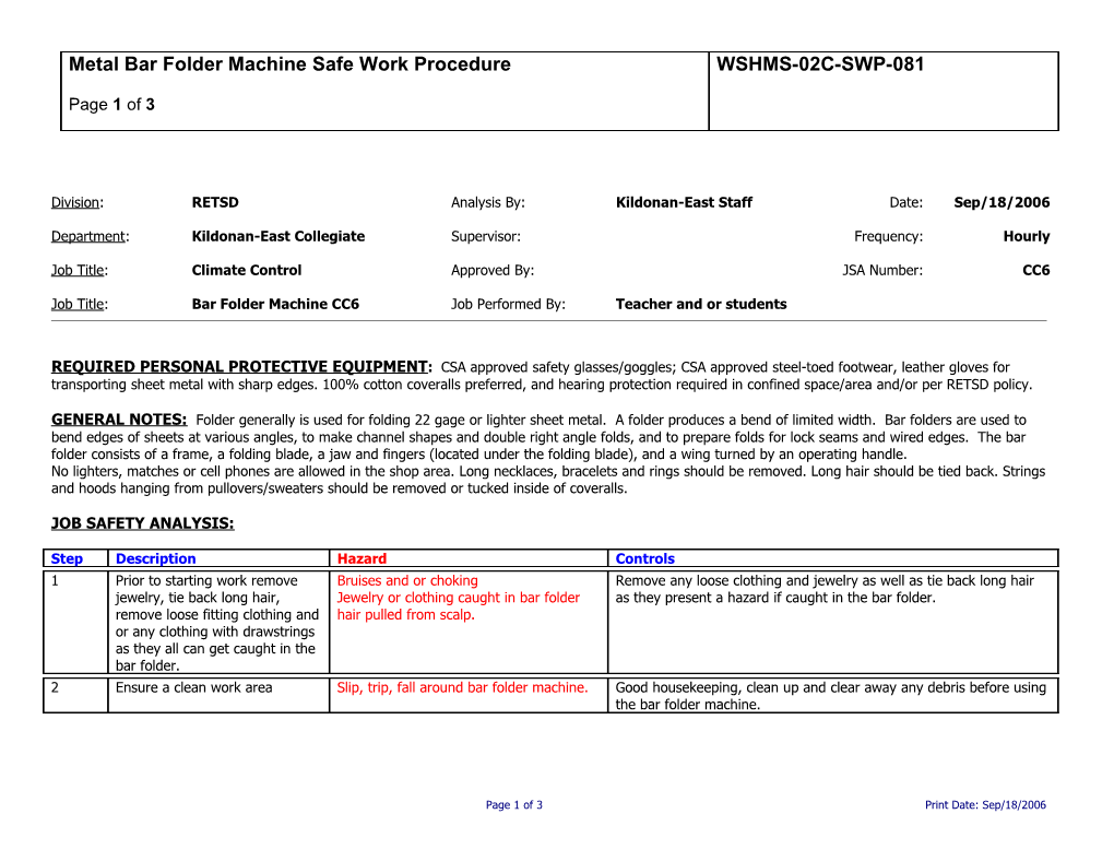 SWP-081 Metal Folder - Metal Bar Folder Machine Safe Work Procedure