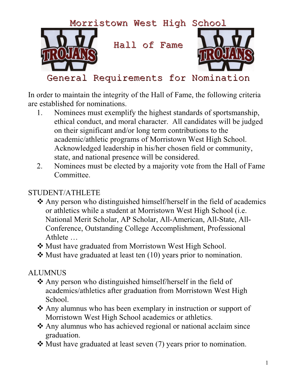 In Order to Maintain the Integrity of the Hall of Fame, the Following Criteria Are Established