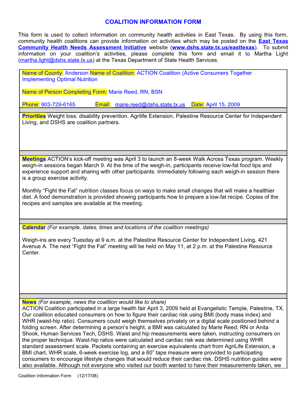 Coalition Information Form