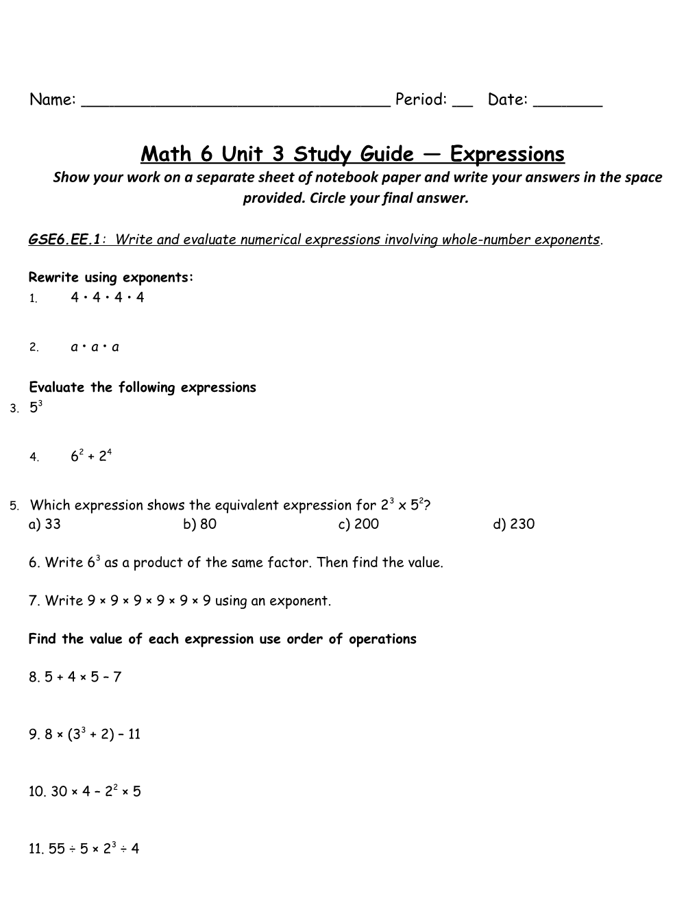 Math 6 Unit 3 Study Guide Expressions
