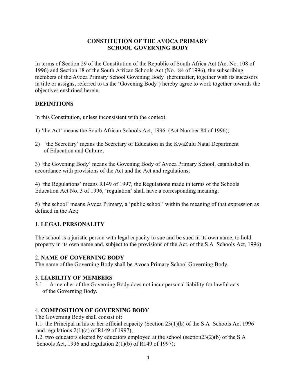 Constitution of the Avoca Primary School Governing Body