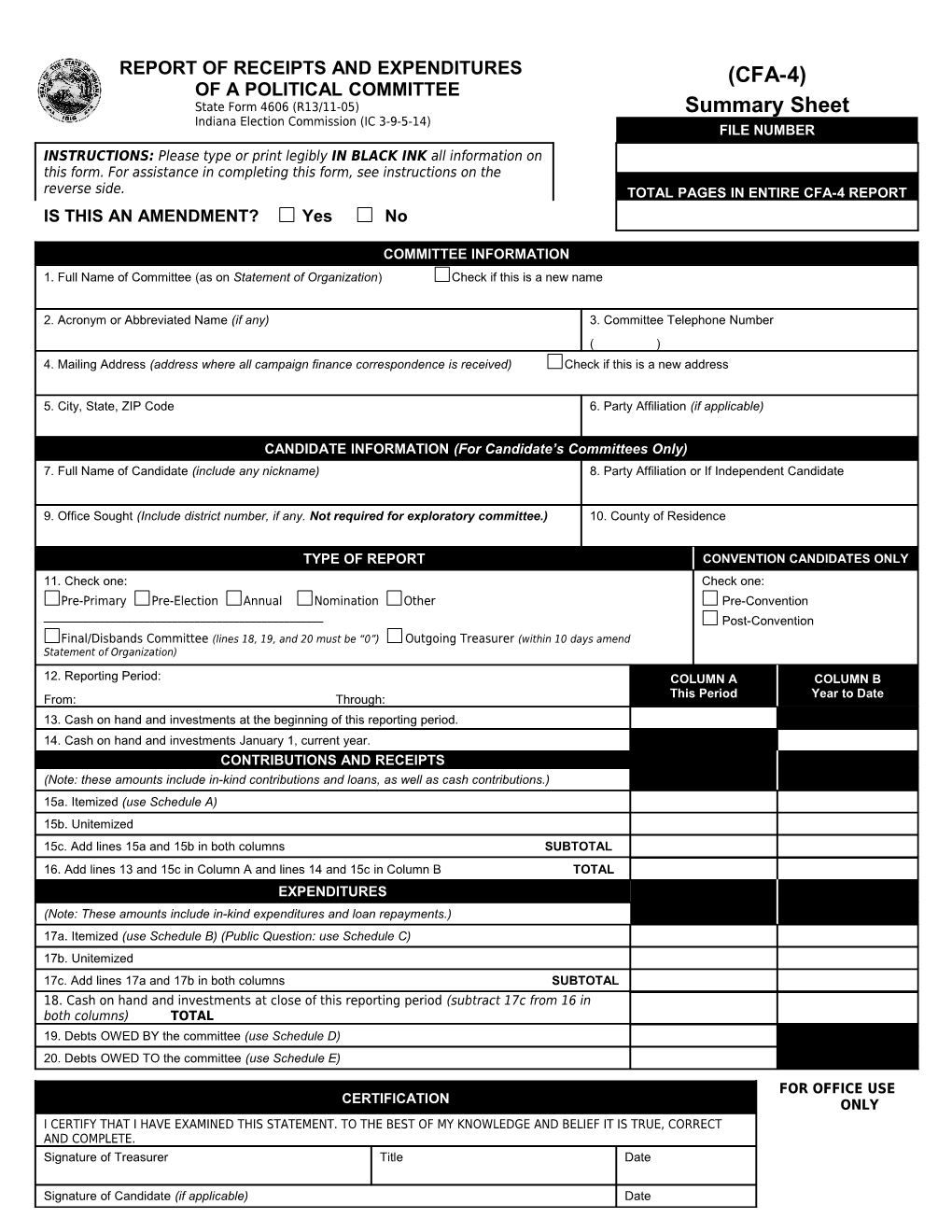 REPORT of RECEIPTS and EXPENDITURES of a POLITICAL COMMITTEE State Form 4606 (R10/12-03)