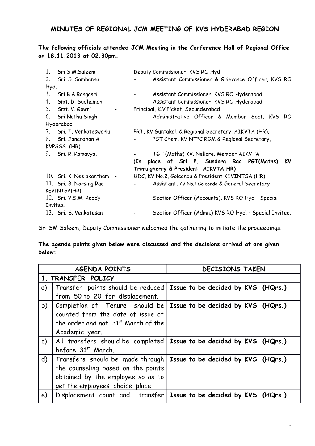 Minutes of Regional Jcm Meeting of Kvs Hyderabad Region