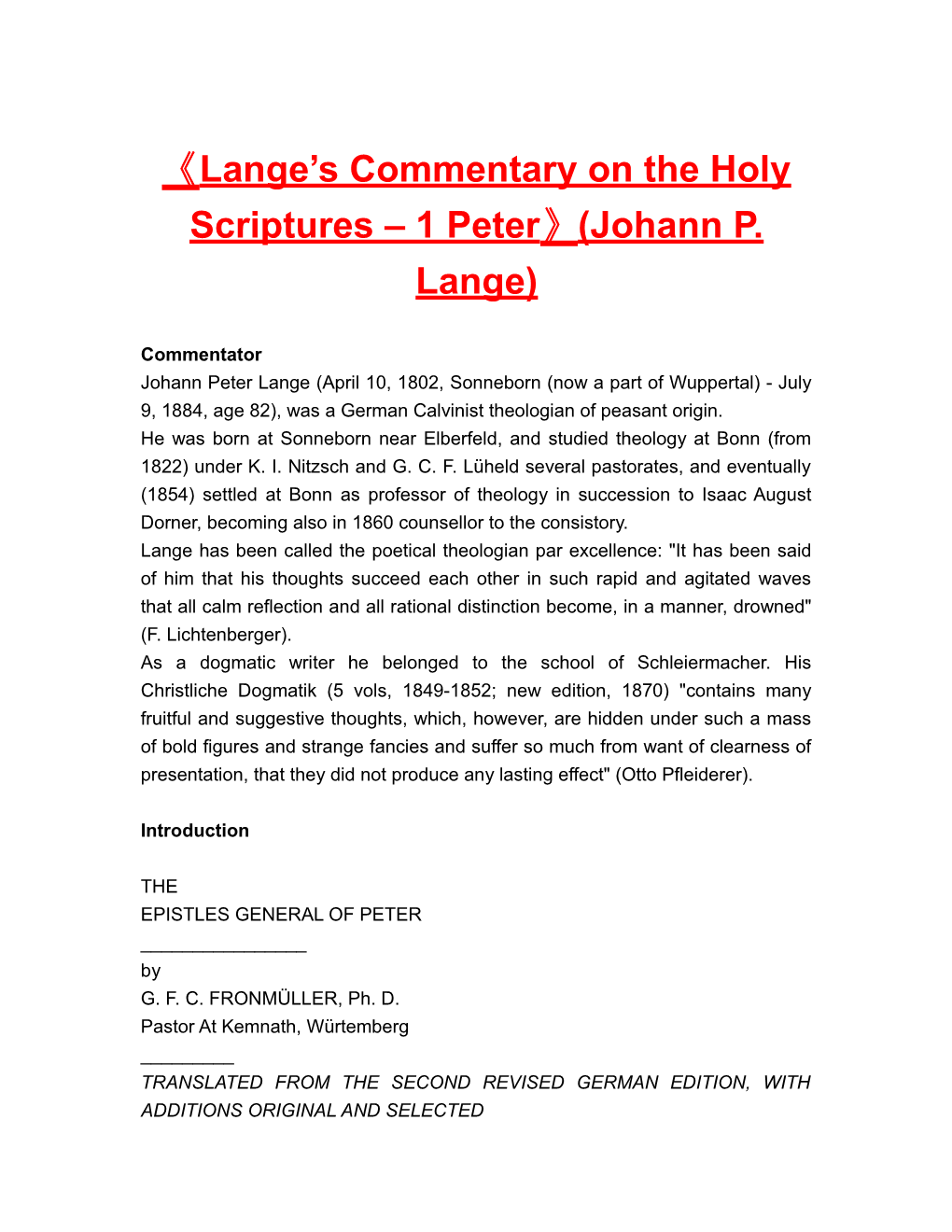 Lange S Commentary on the Holy Scriptures 1 Peter (Johann P. Lange)