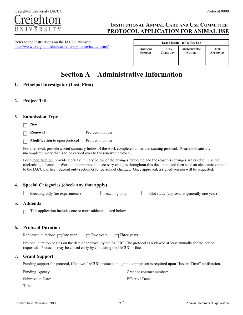 Creighton University IACUC Protocol 0000