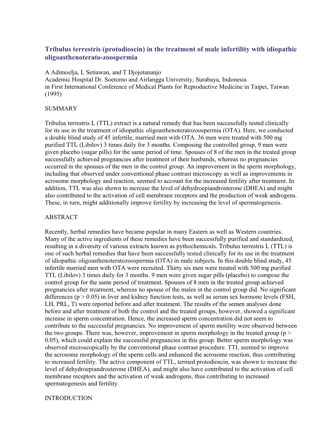 Tribulus Terrestris (Protodioscin) in the Treatment of Male Infertility with Idiopathic