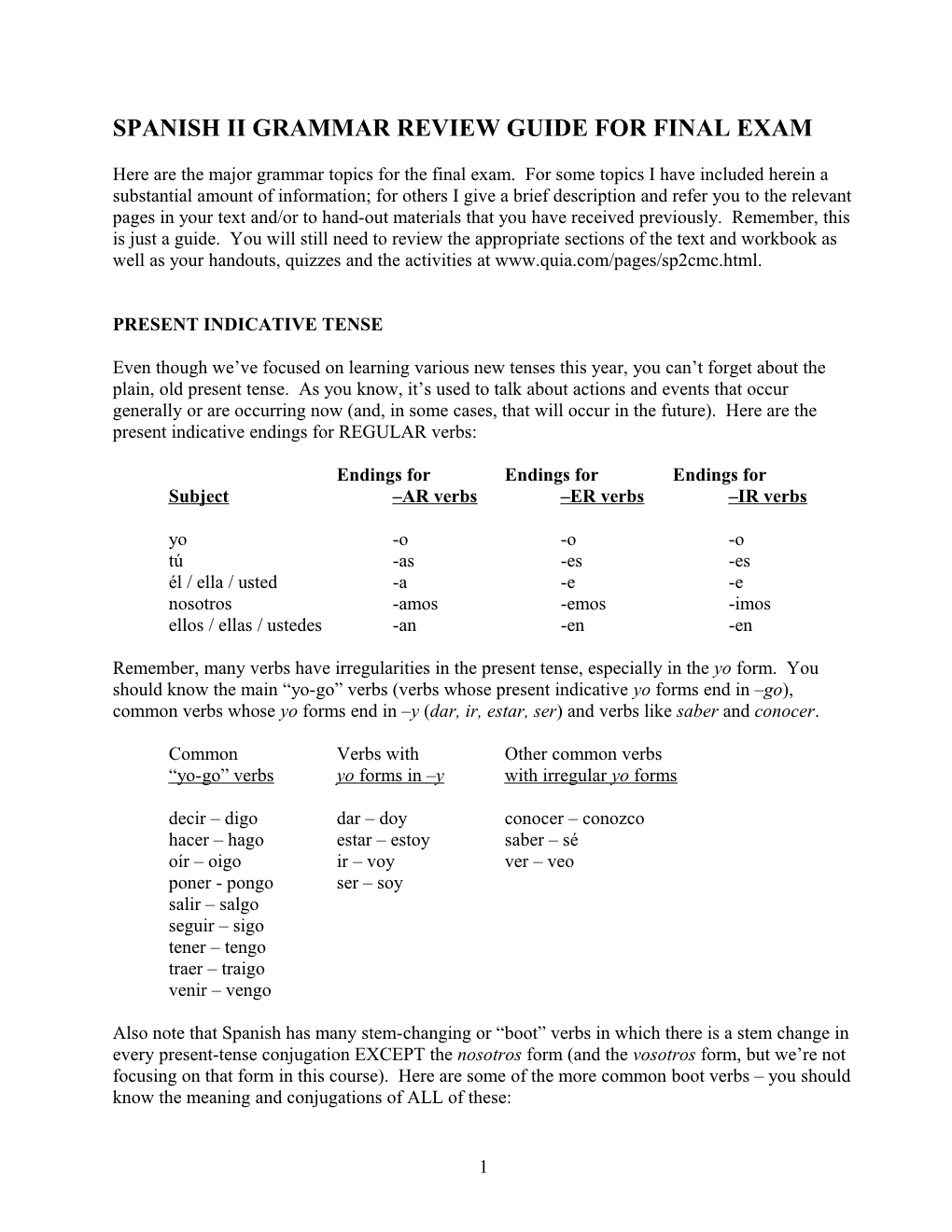 Spanish Iii Review Guide for Final Exam