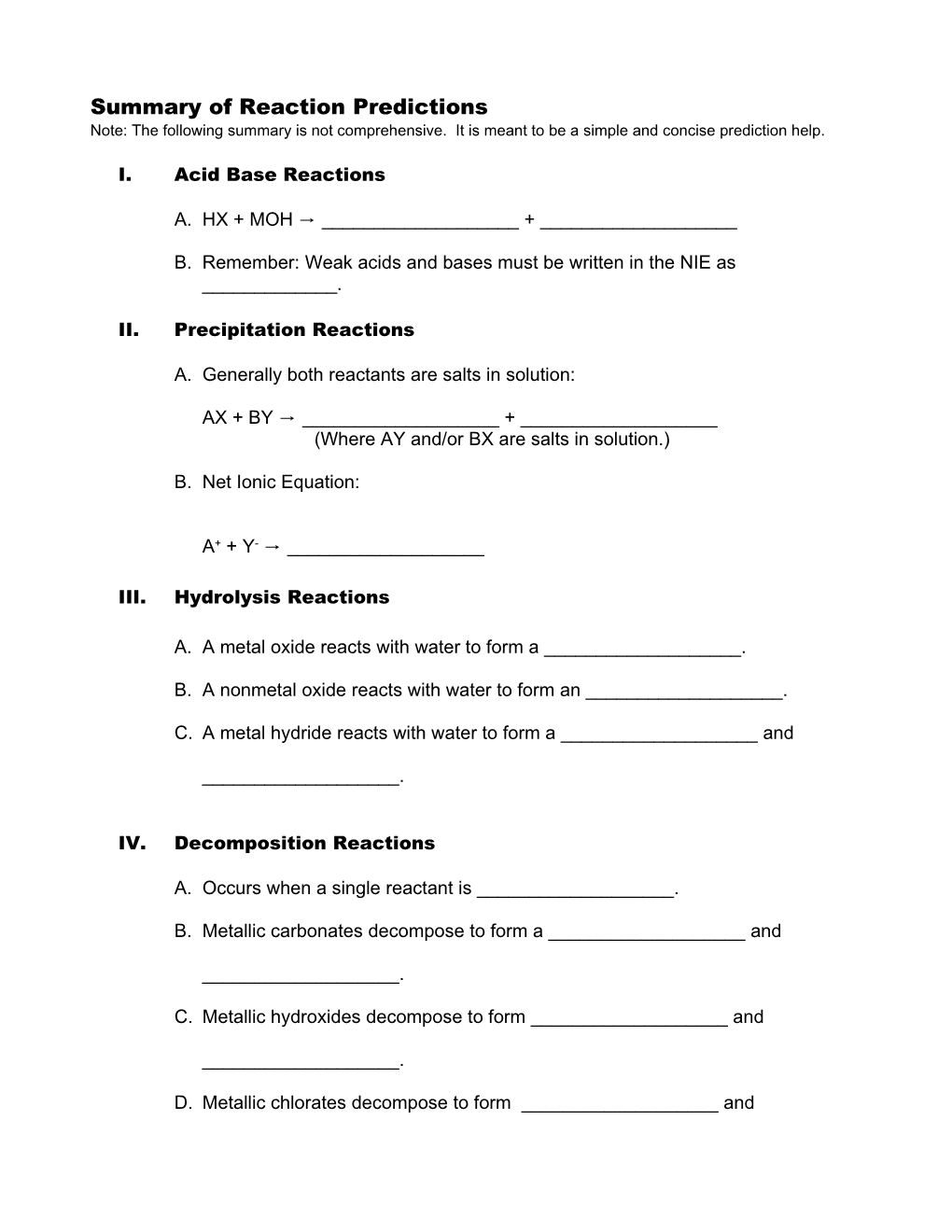 Summary of Reaction Predictions