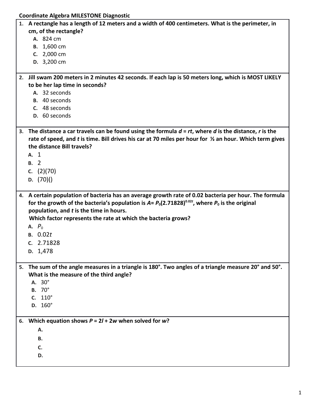 Coordinate Algebra MILESTONE Diagnostic