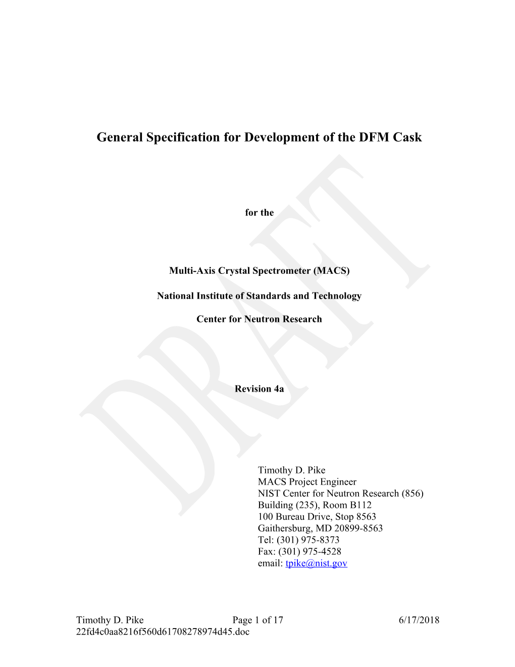 General Specification for Development of the DFM Cask