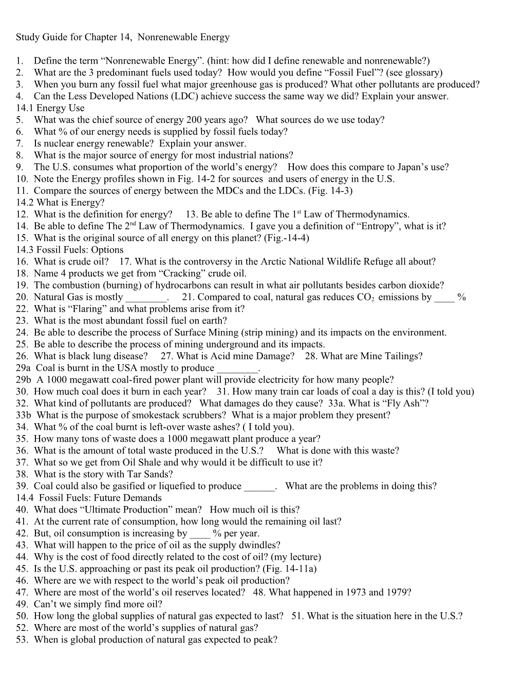 Study Guide for Chapter 14, Nonrenewable Energy