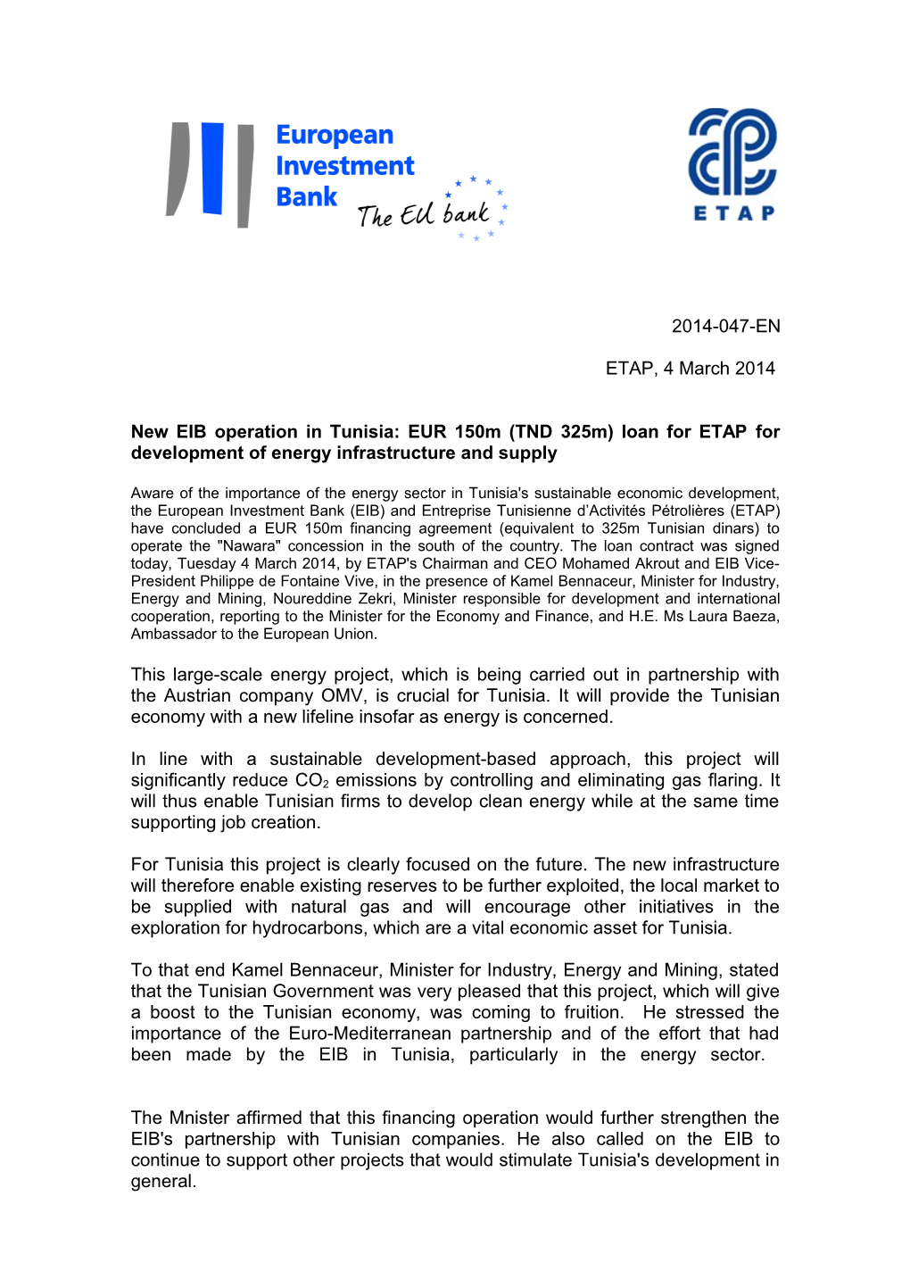 New EIB Operation in Tunisia: EUR 150M (TND 325M) Loan for ETAP for Development of Energy