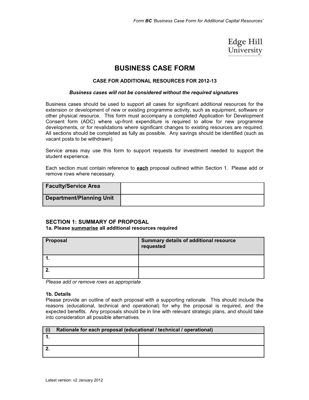 Form BC Business Case Form for Additional Capital Resources