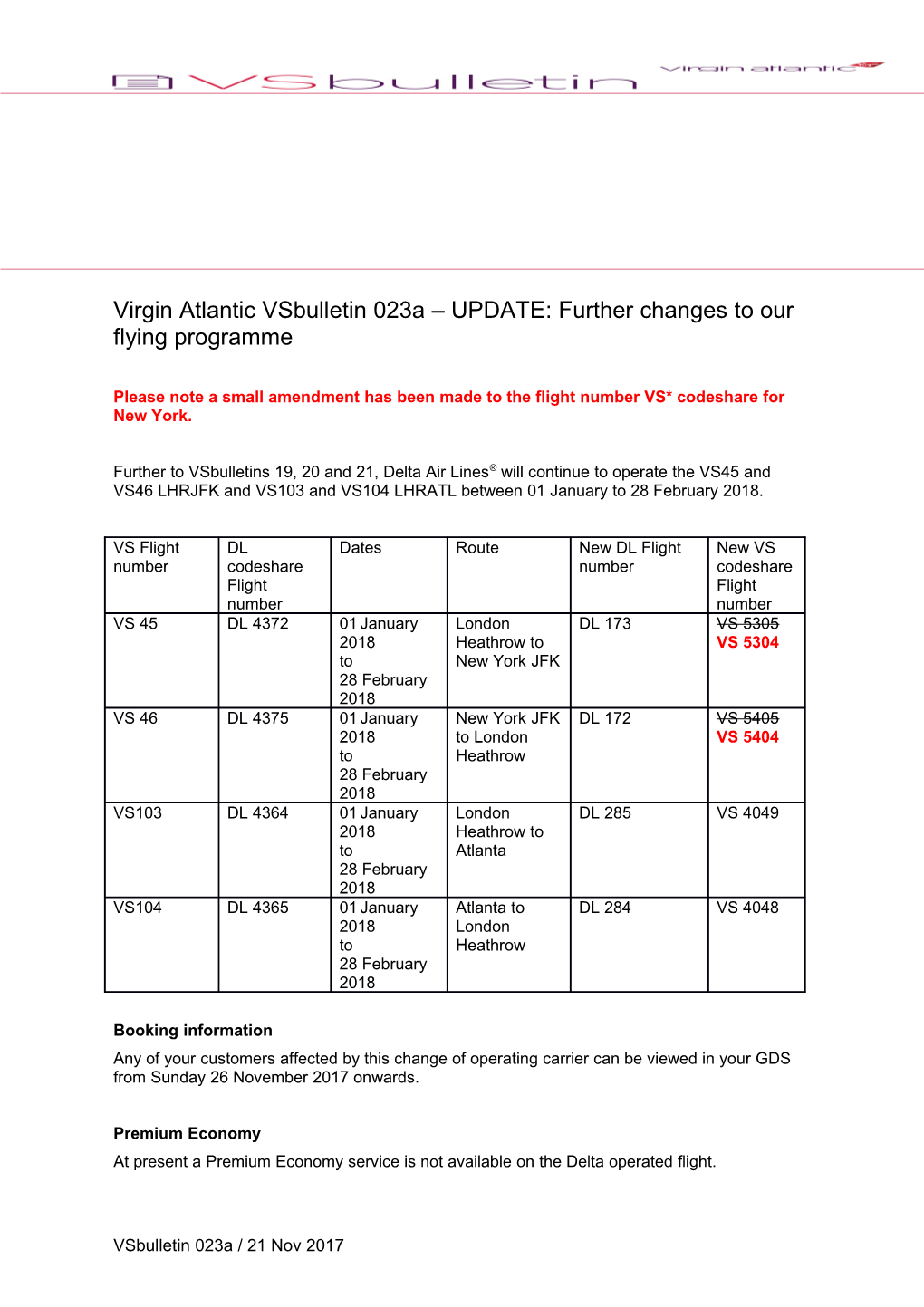 Virgin Atlantic Vsbulletin 023A UPDATE: Further Changes to Our Flying Programme