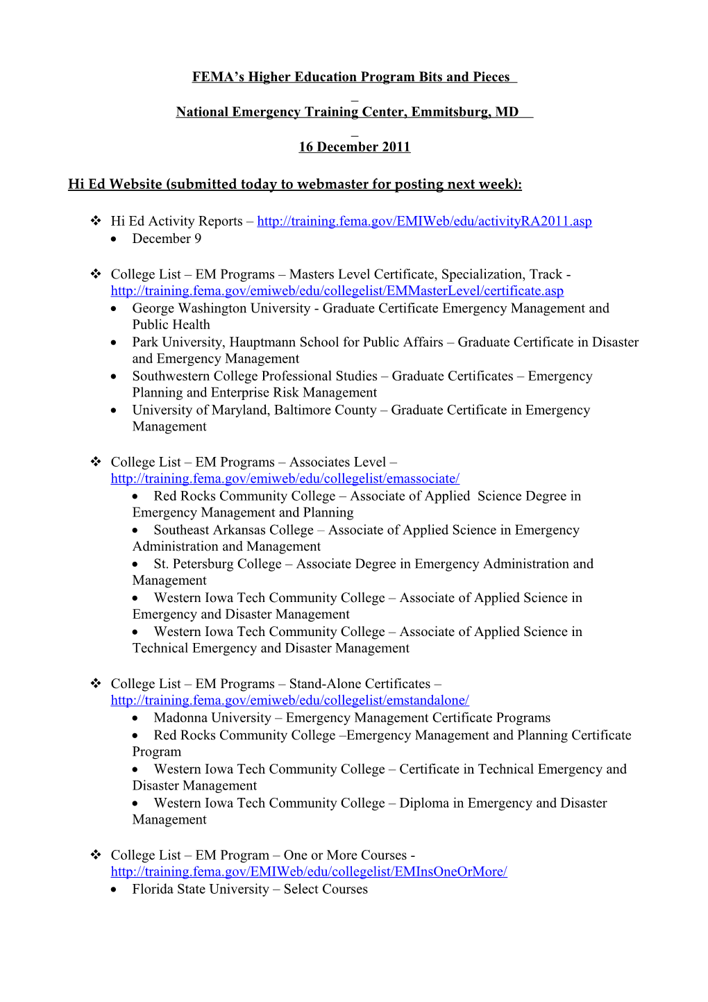 FEMA S Higher Education Program Bits and Pieces s6