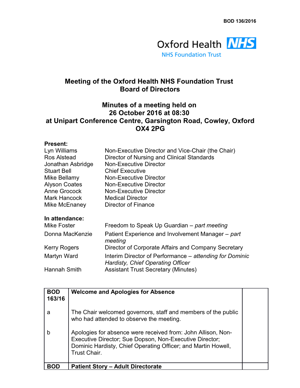 Meeting of the Oxford Health NHS Foundation Trust