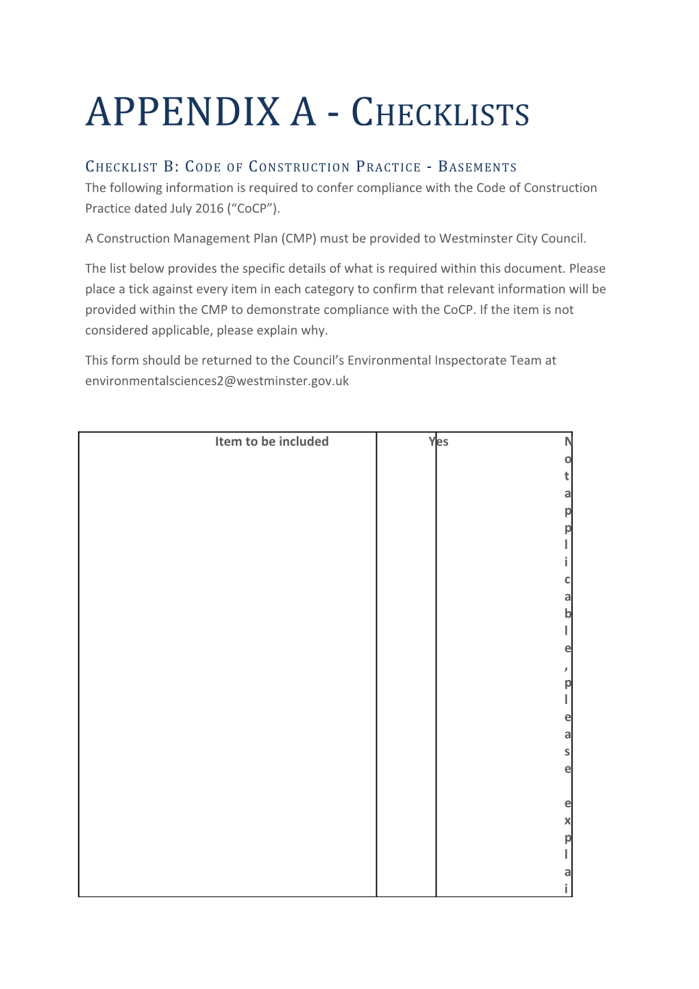 Checklist B: Code of Construction Practice - Basements