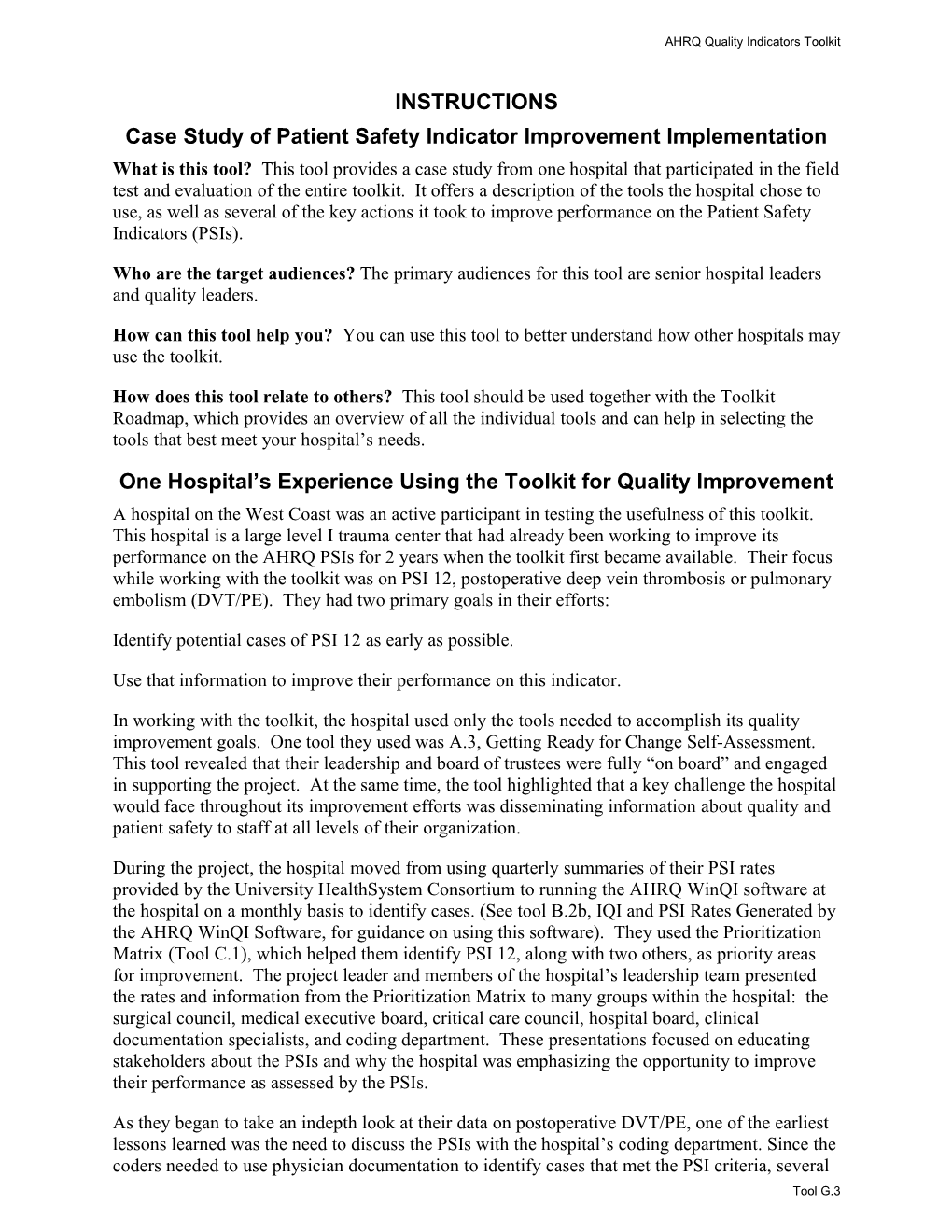 Case Study of Patient Safety Indicator Improvement Implementation