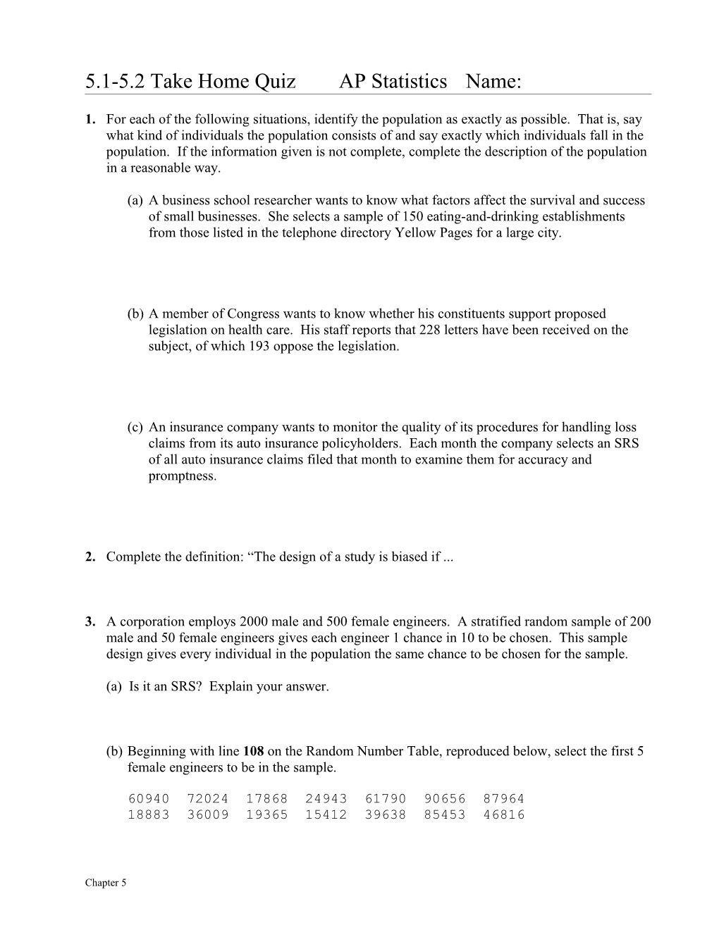 5.1-5.2 Take Home Quiz AP Statistics Name