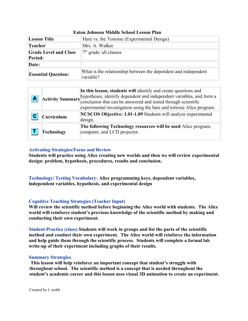 Eaton Johnson Middle School Lesson Plan