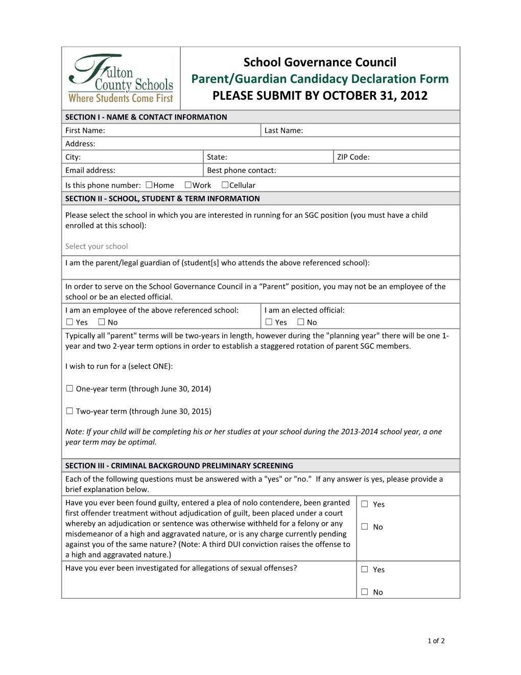 2012 SGC Parent Declaration Form