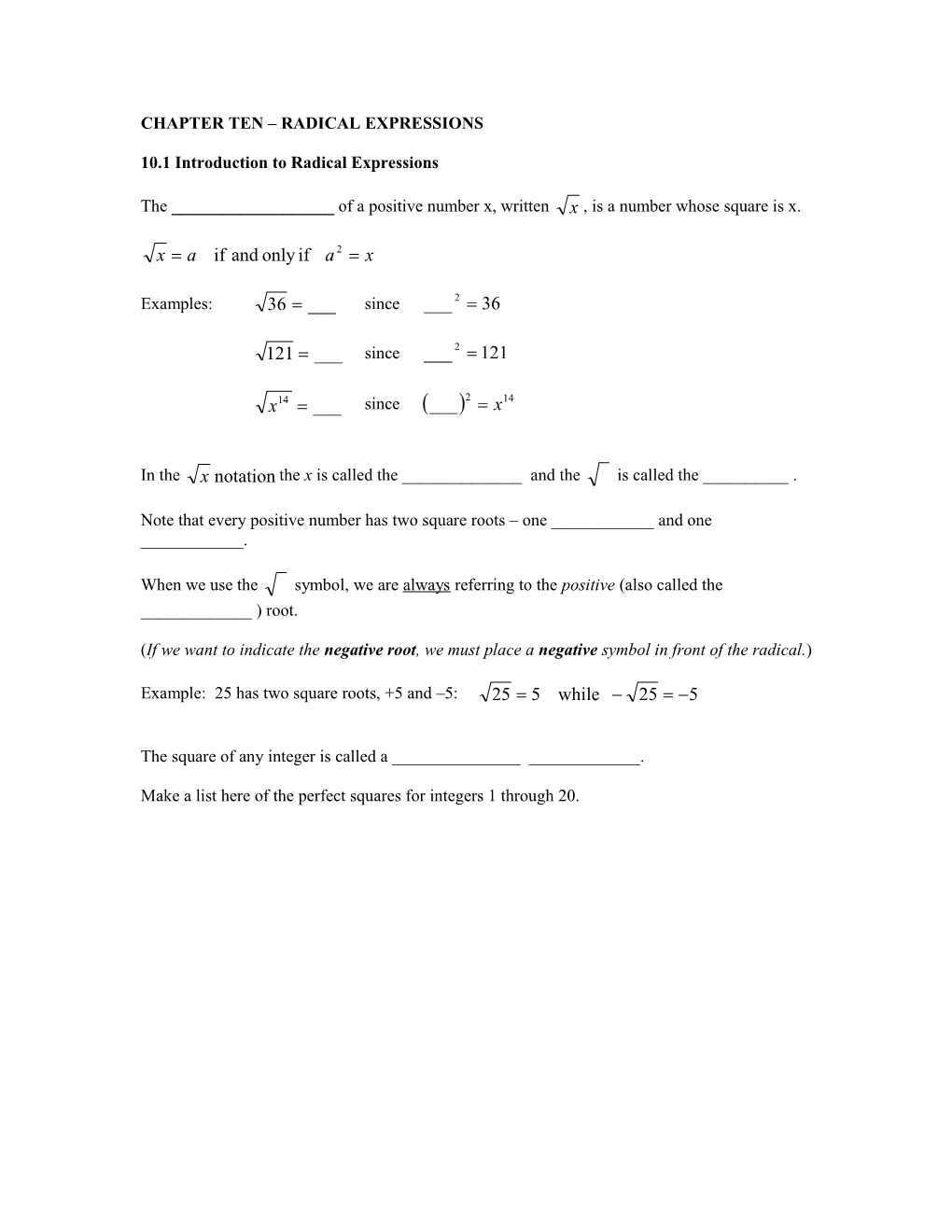 Chapter Ten Radical Expressions