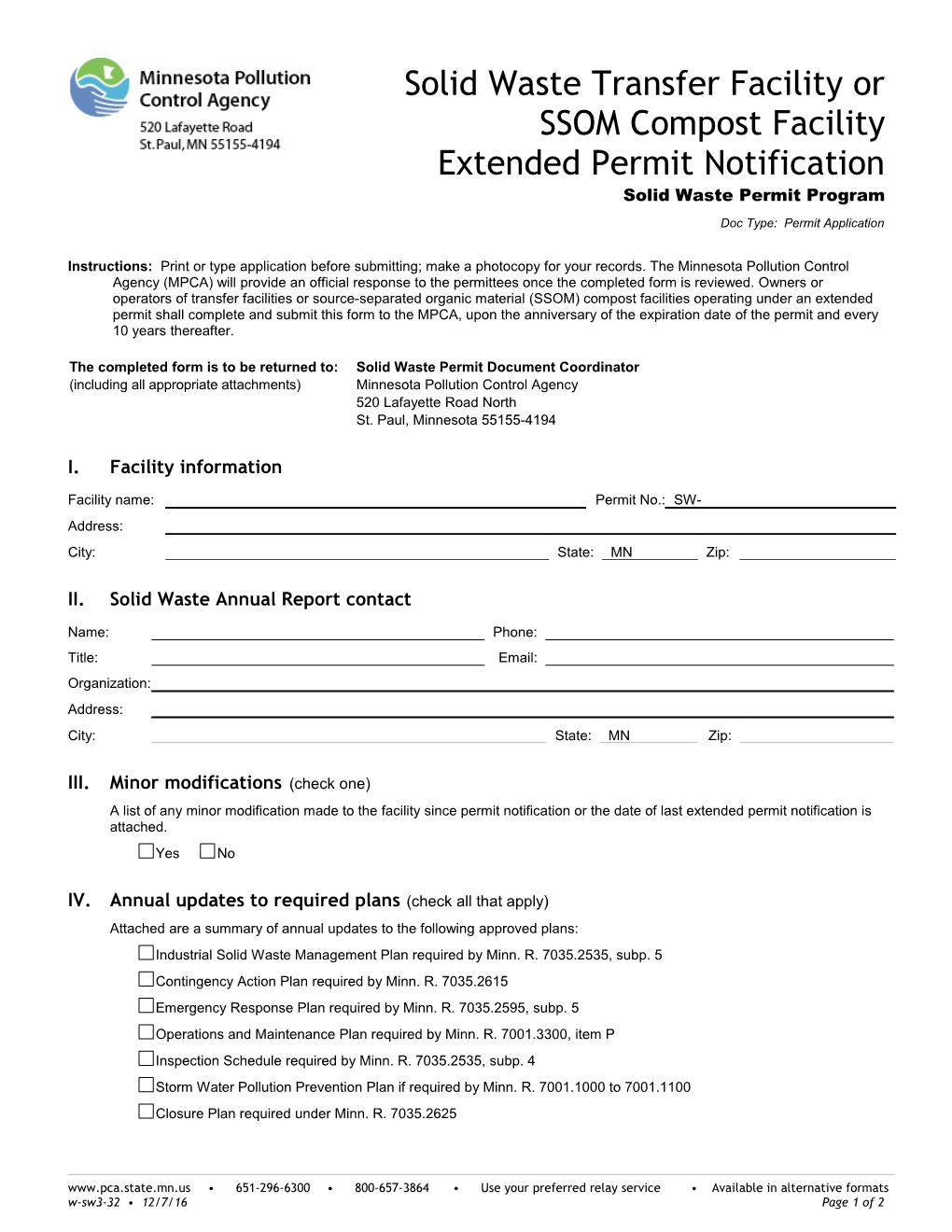 Solid Waste Transfer Facility Or SSOM Compost Facility Extended Permit Notification Form