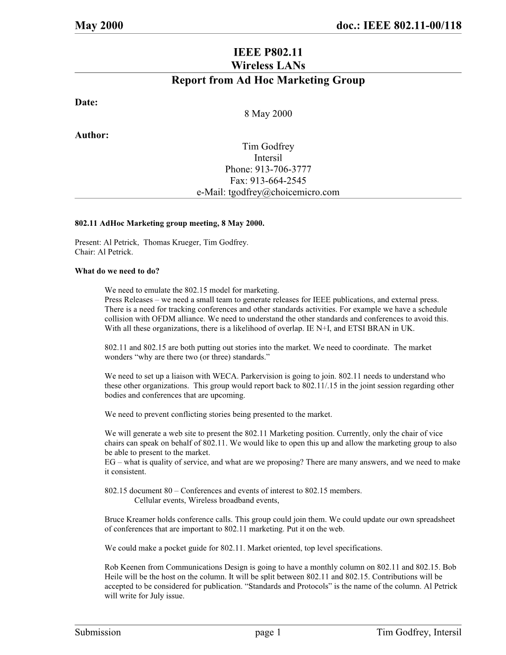 Report from Ad Hoc Marketing Group