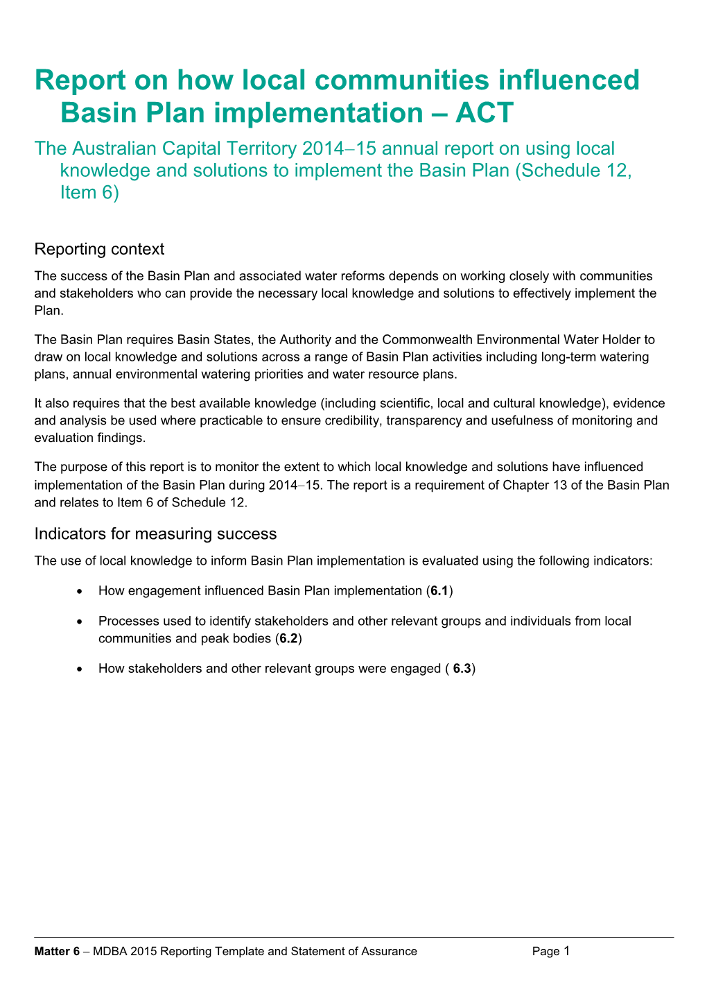 Report on How Local Communities Influenced Basin Plan Implementation ACT