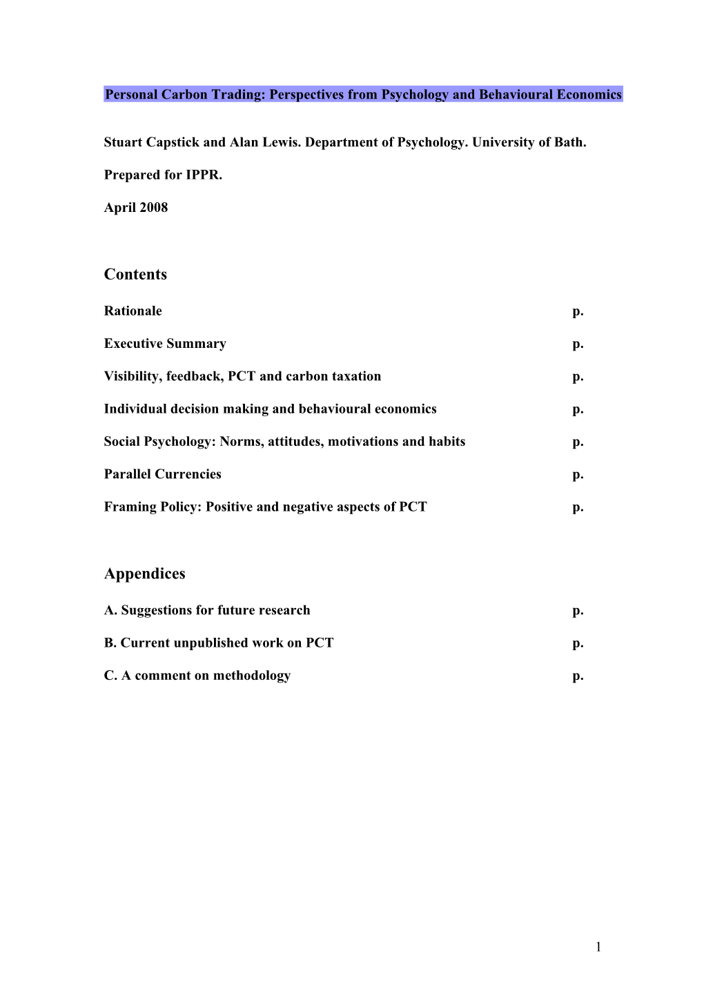 Personal Carbon Trading: Perspectives from Psychology and Behav