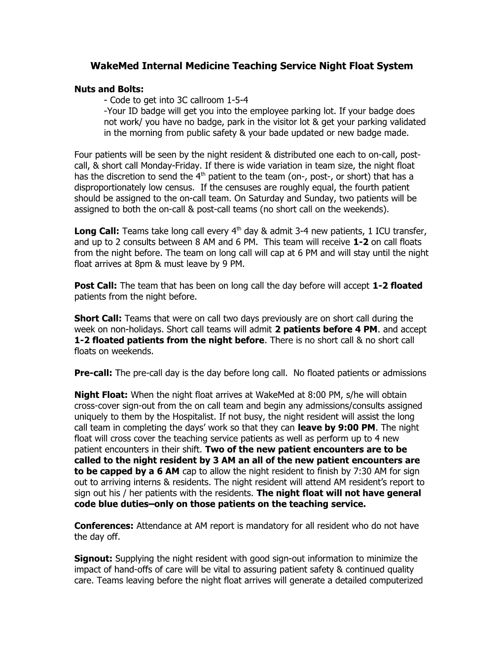 Wakemed Internal Medicine Teaching Service Night Float System