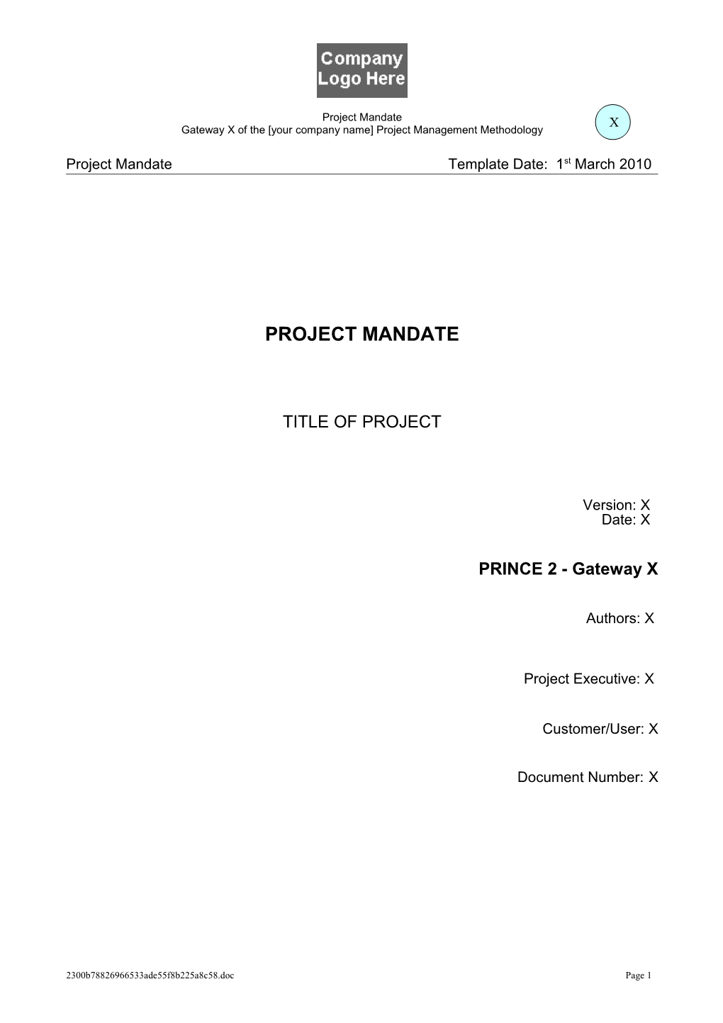 Gateway X of the Your Company Name Project Management Methodology