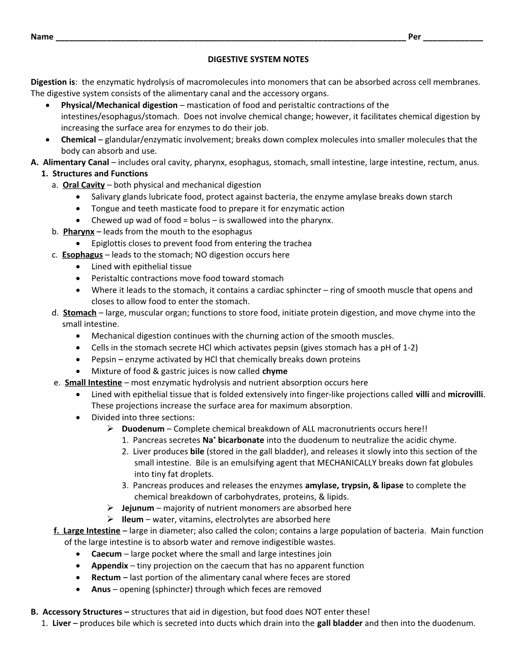 Digestive System Notes