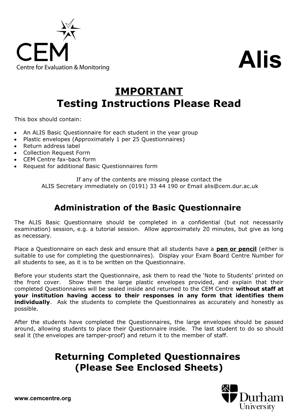 Testing Instructions Please Read