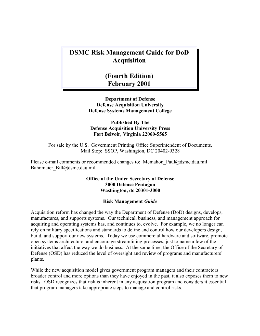 DSMC Risk Management Guide for Dod Acquisition