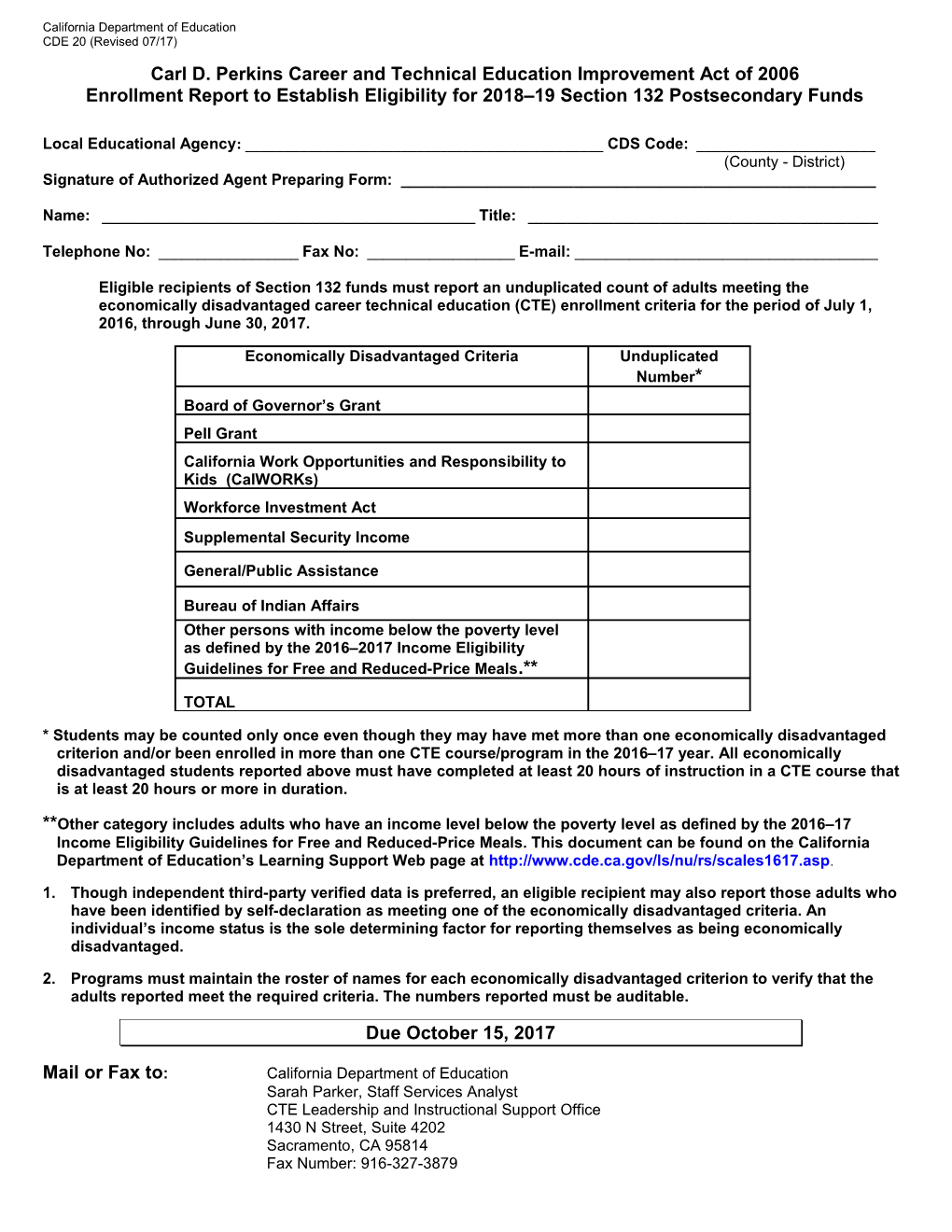 CDE 20 Enrollment Report - Perkins (CA Dept of Education)