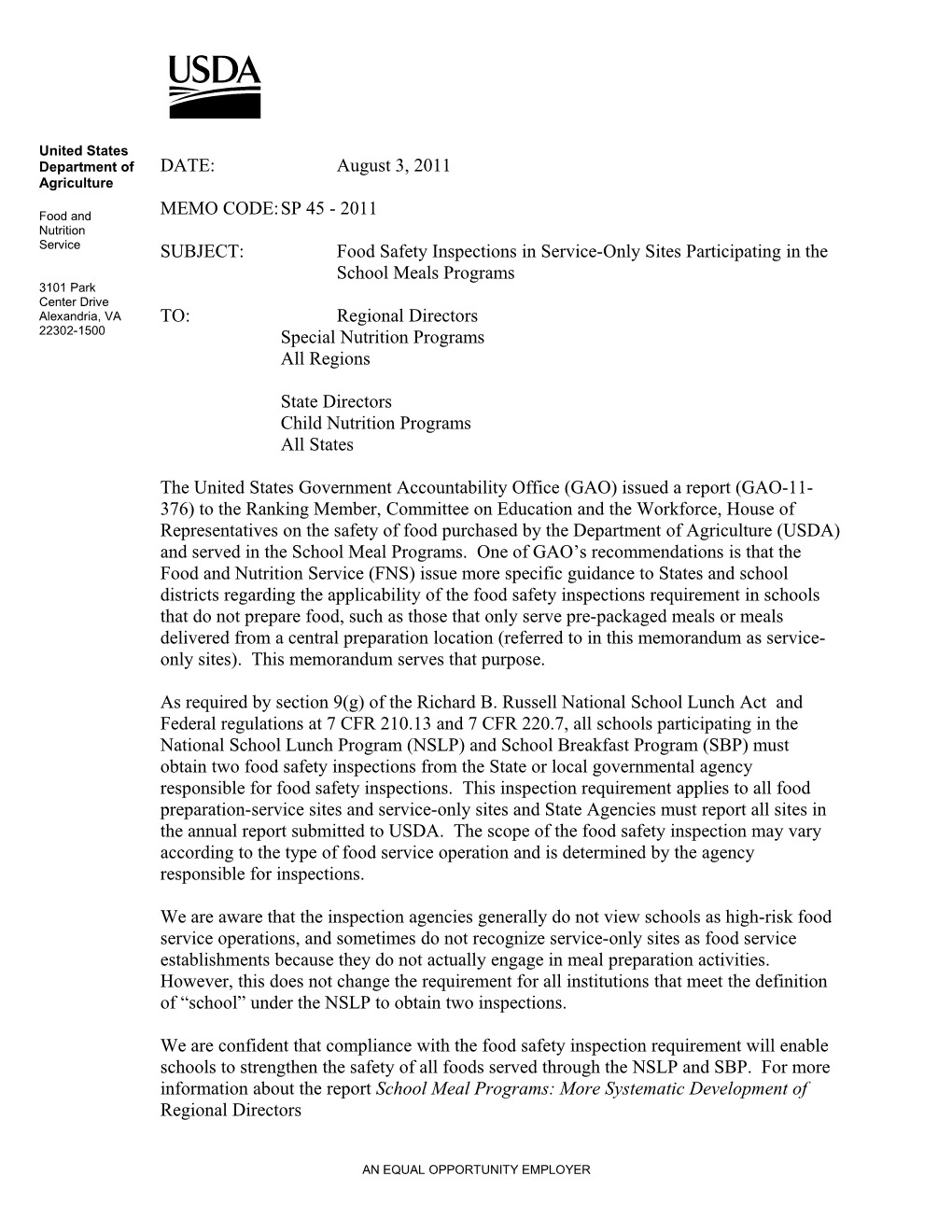 SUBJECT: Food Safety Inspections in Service-Only Sites Participating in the School Meals