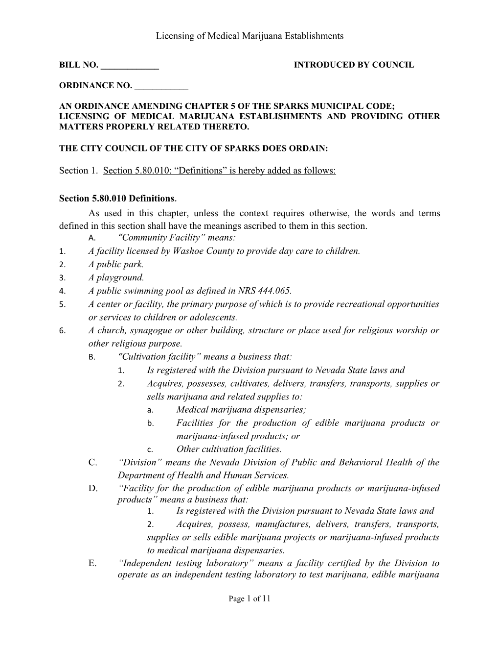 Licensing of Medical Marijuana Establishments