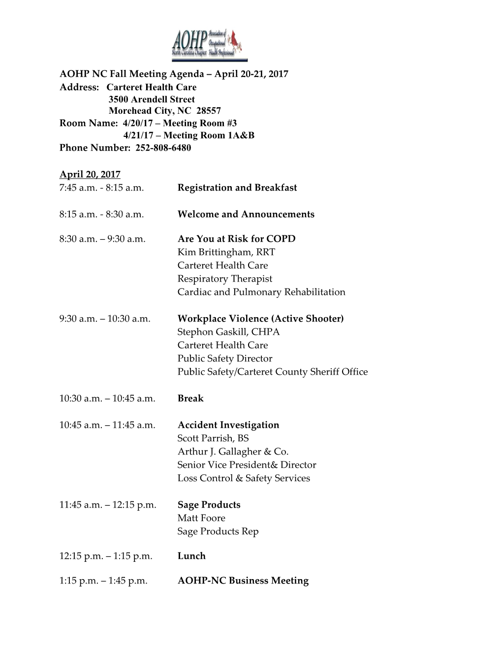 AOHP NC Fall Meeting Agenda April 20-21, 2017