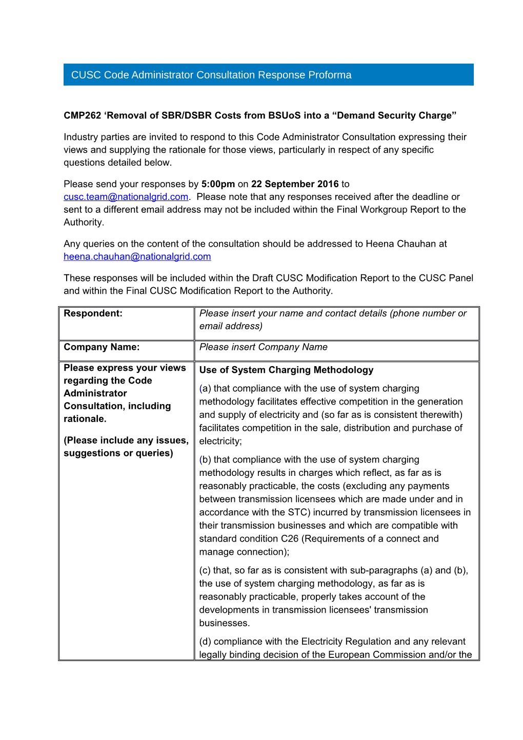 CUSC Code Administrator Consultation Response Proforma