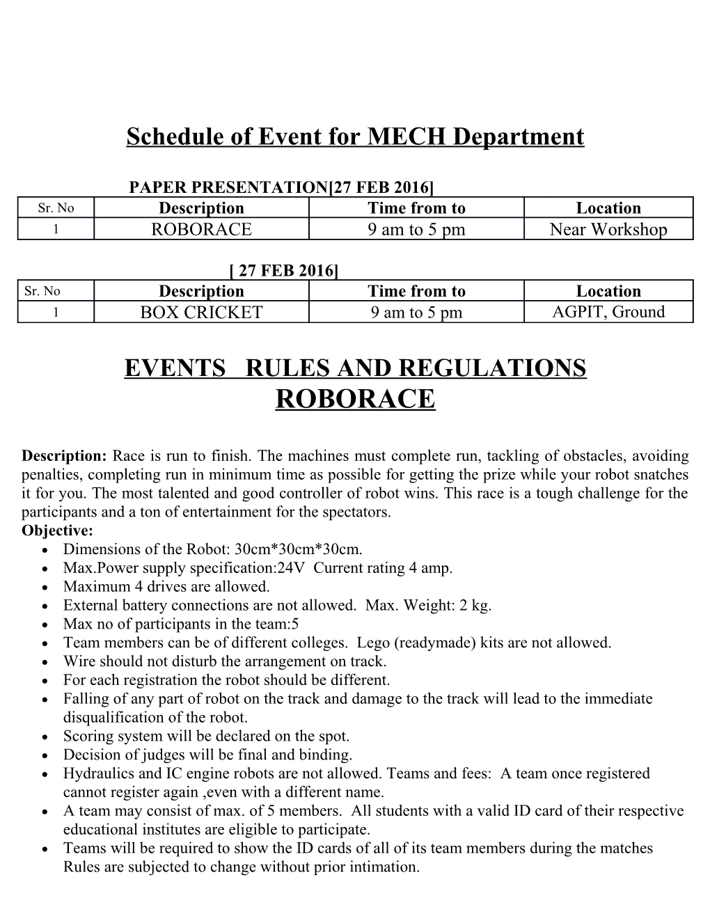 Events Rules and Regulations