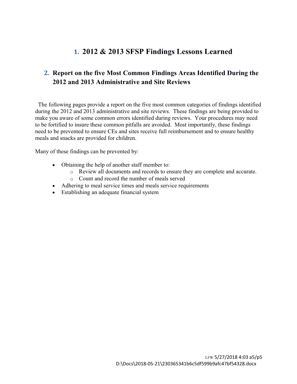 2012 & 2013 SFSP Findings Lessons Learned