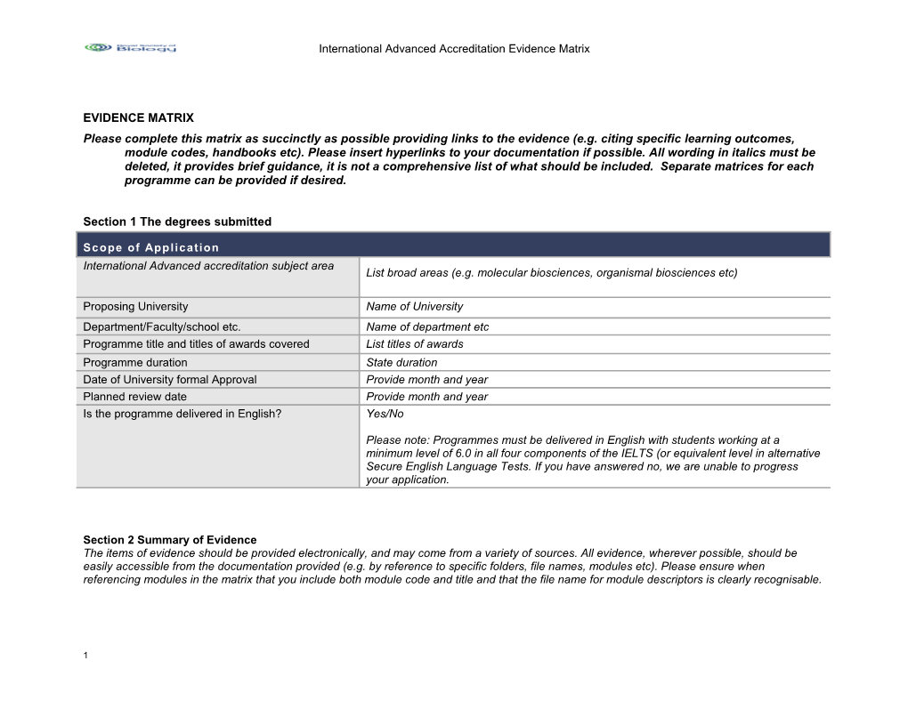 International Advanced Accreditation Evidence Matrix