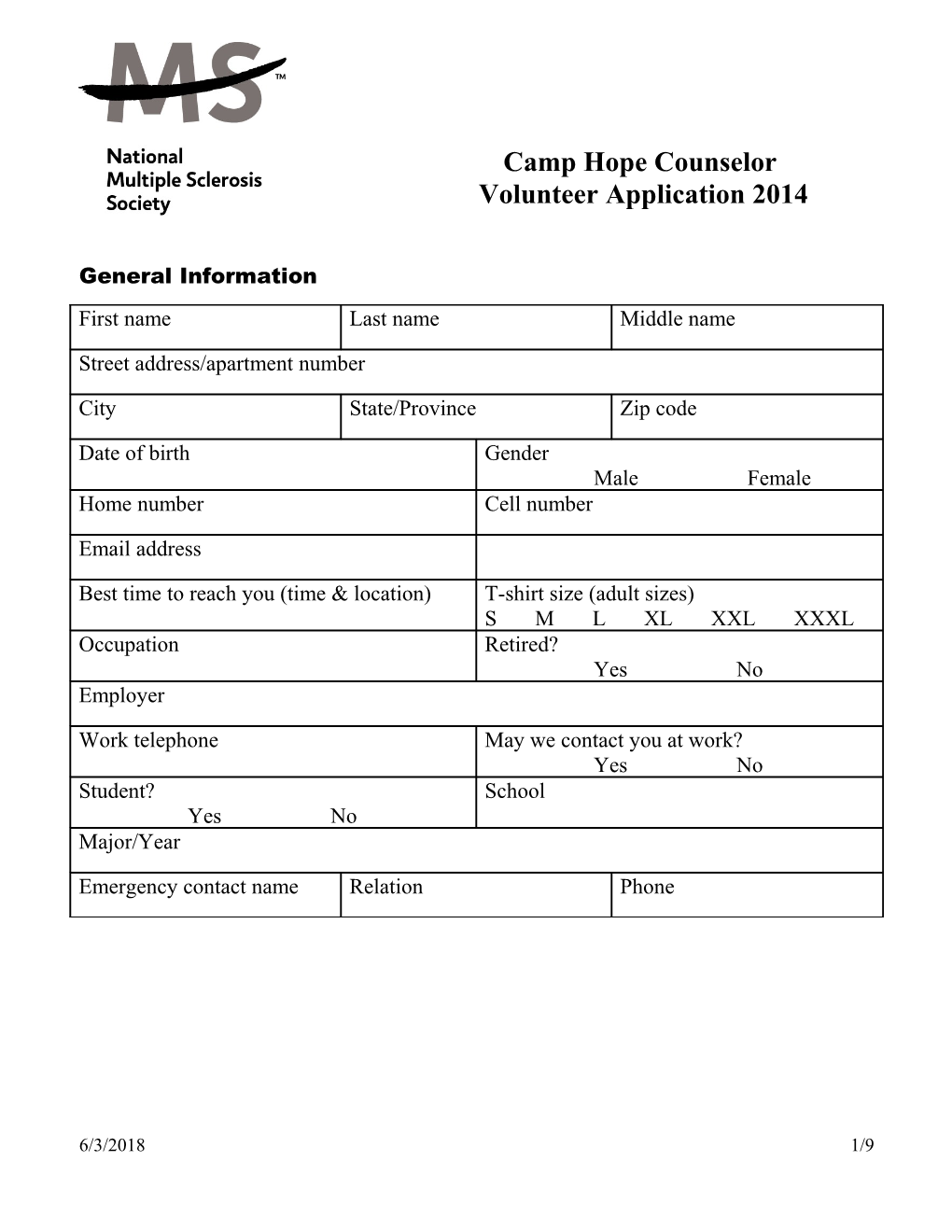 Youth Camp Volunteer Application