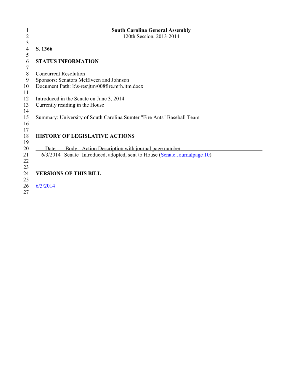 2013-2014 Bill 1366: University of South Carolina Sumter Fire Ants Baseball Team - South