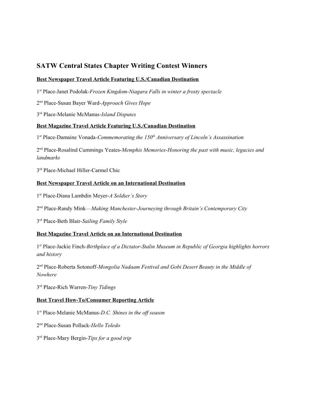 SATW Central States Chapter Writing Contest Winners