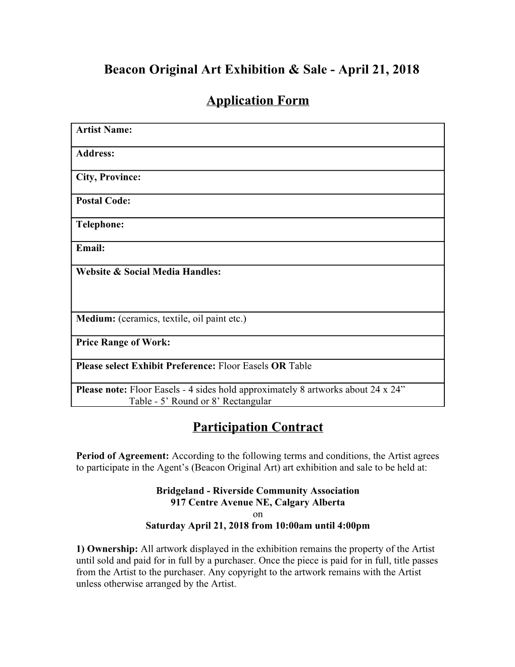 Beacon Original Art Application Form Sale #1 May 2, 2009