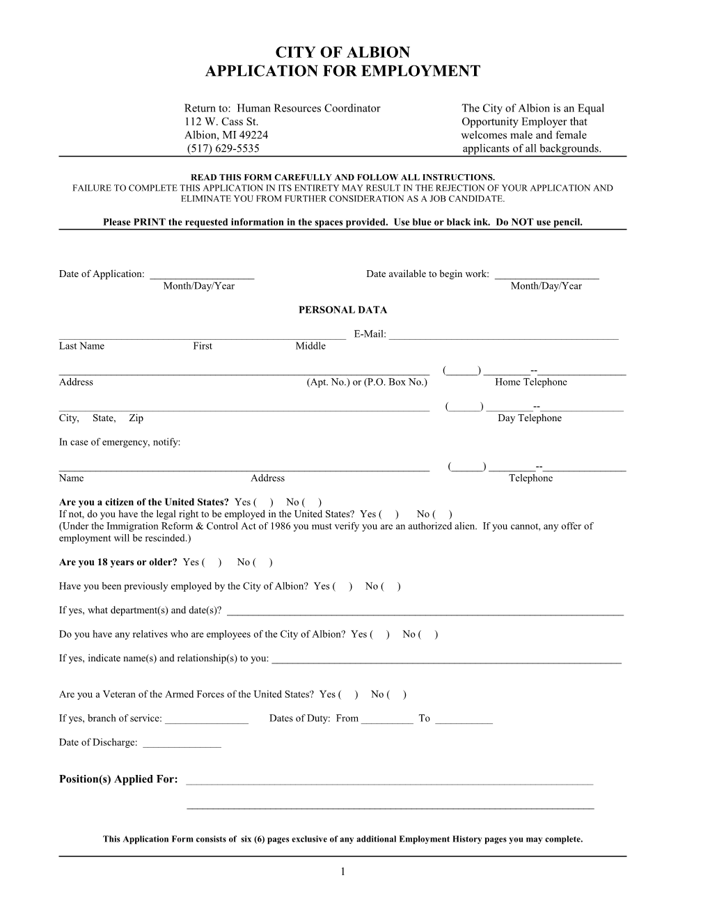 City of Albion Job Application Form