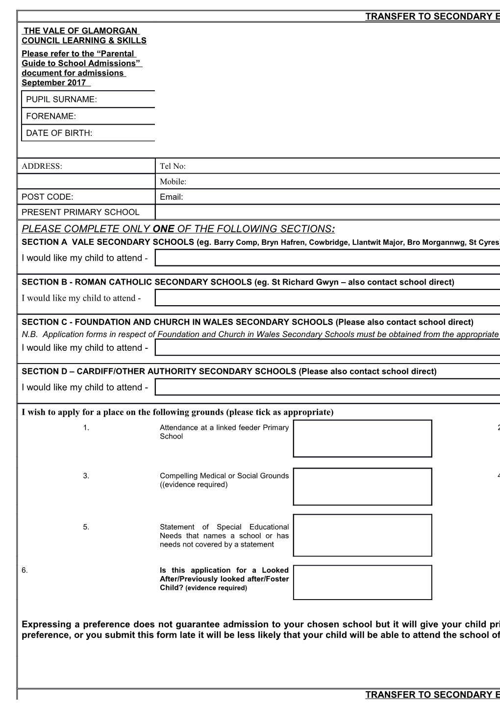 School Admissions Secondary Transfers 2017 Application Form ENGLISH